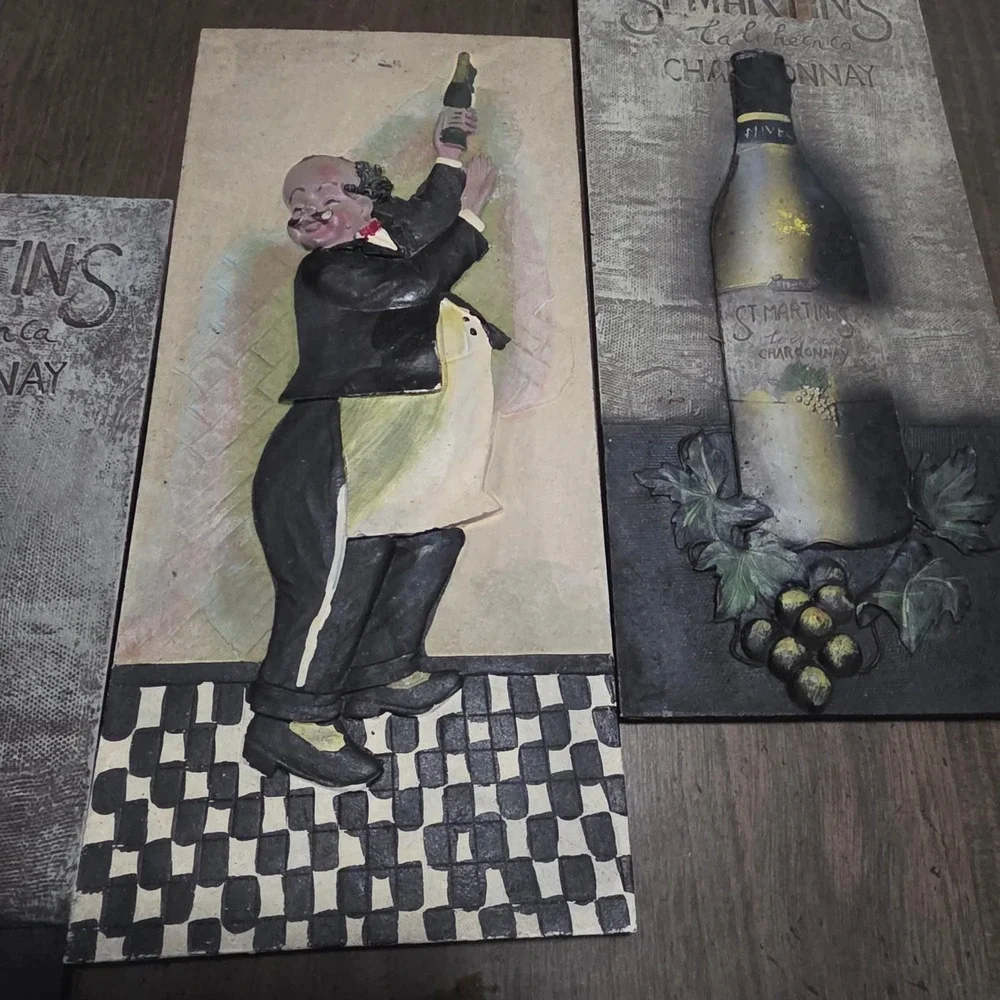 Unbranded 3D Wine Wall Plaque Set 3pc Multicolor Good Relief Waiter Chardonnay